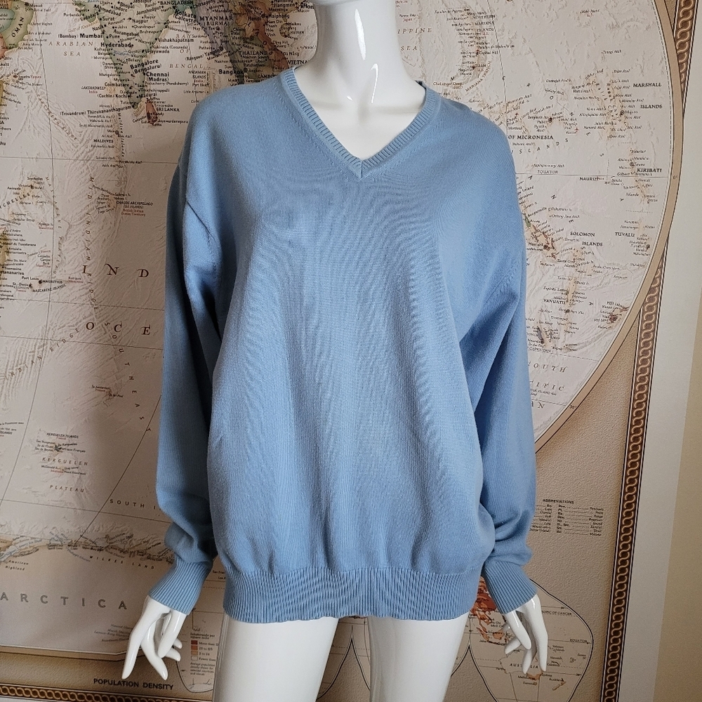 Jos.A.Bank Men's Light Blue V-Neck Sweater 100% cotton grandpa preppy classic XL